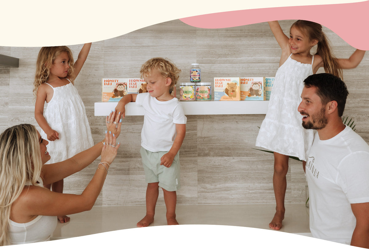 The James family with their kids wellness products